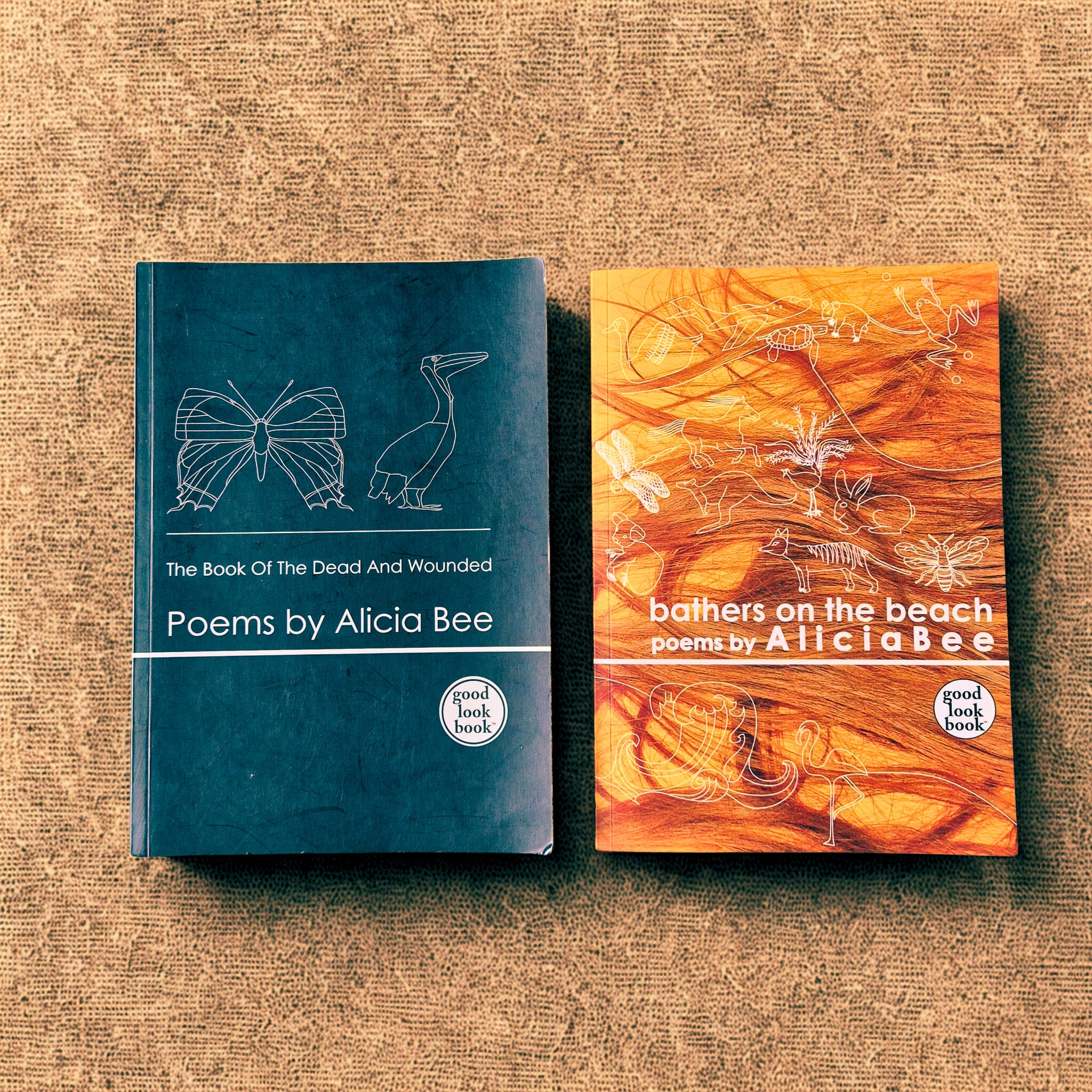 'bathers on the beach' & 'The Book Of The Dead And Wounded' by Alicia Bee