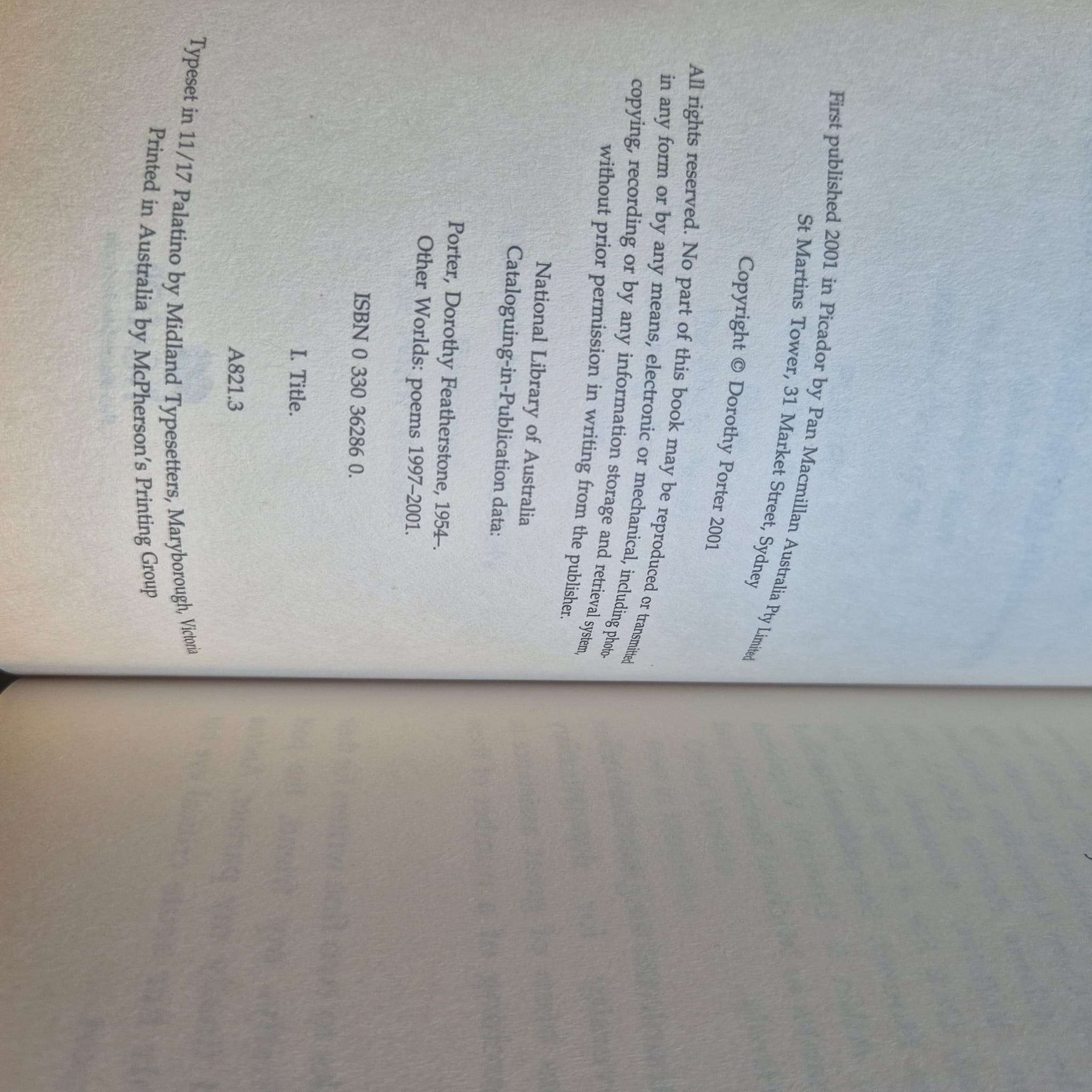 'other worlds. poems 1997 to 2001' by Dorothy Porter