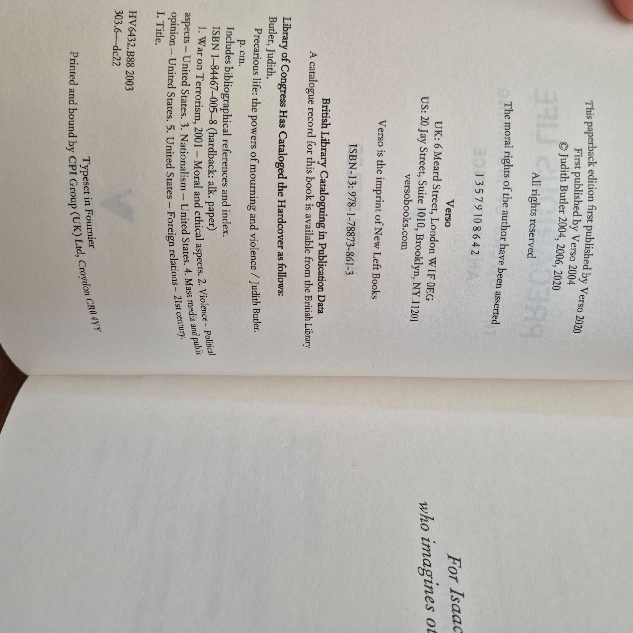 'Precarious Life. The Powers of Mourning and Justice' by Judith Butler