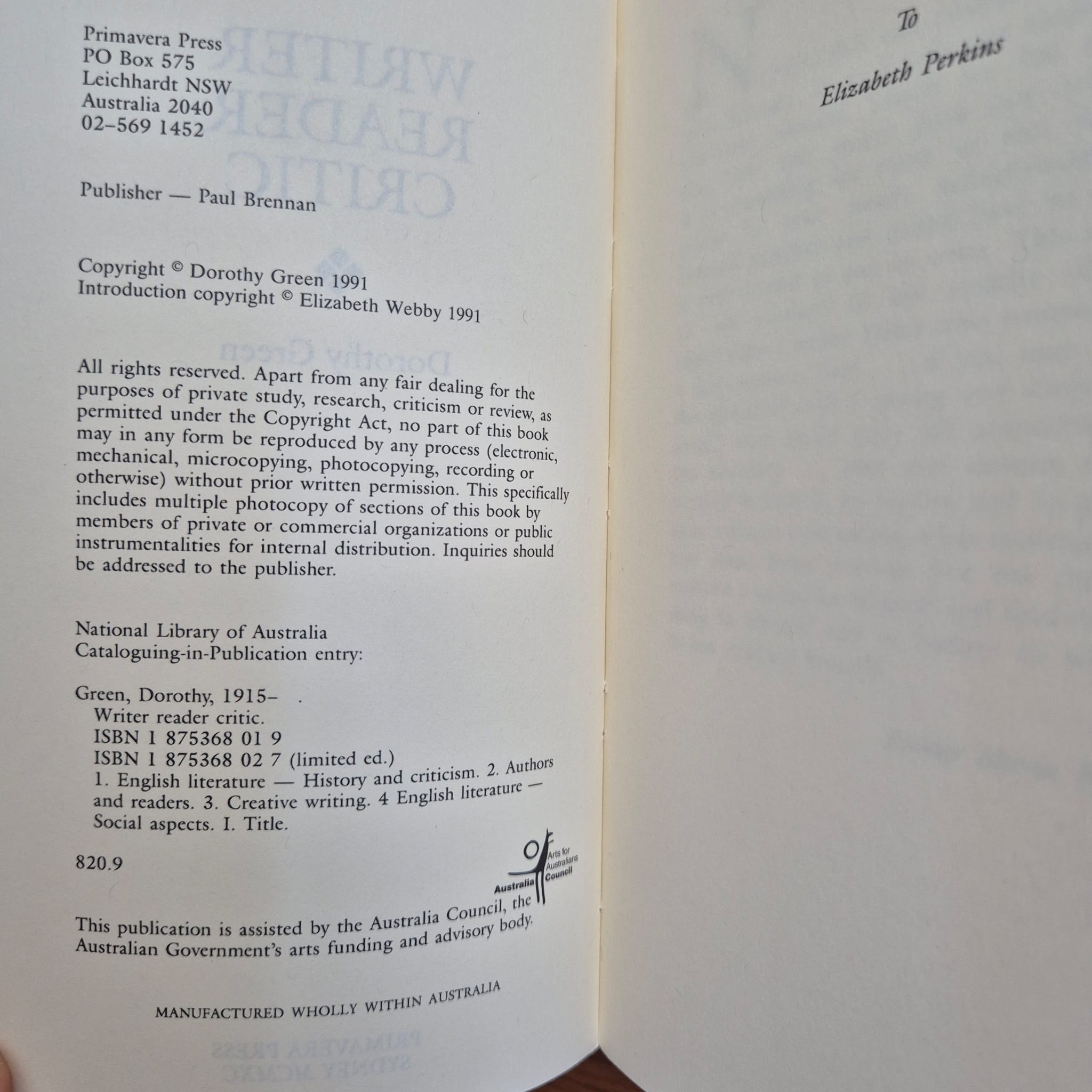 'Writer–Reader–Critic' by Dorothy Green