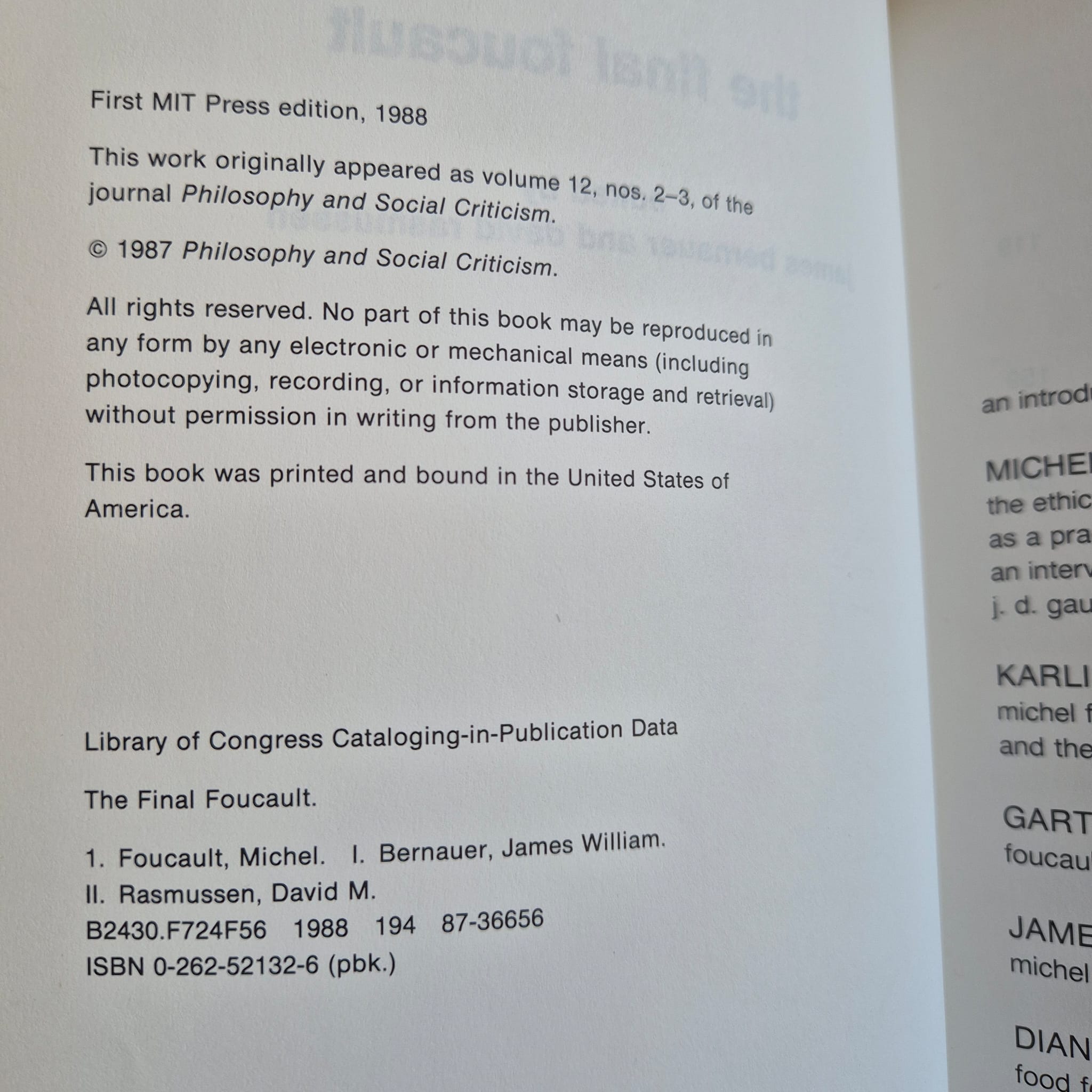 'The Final Foucault' edited by James Bernauer and David Rasmussen