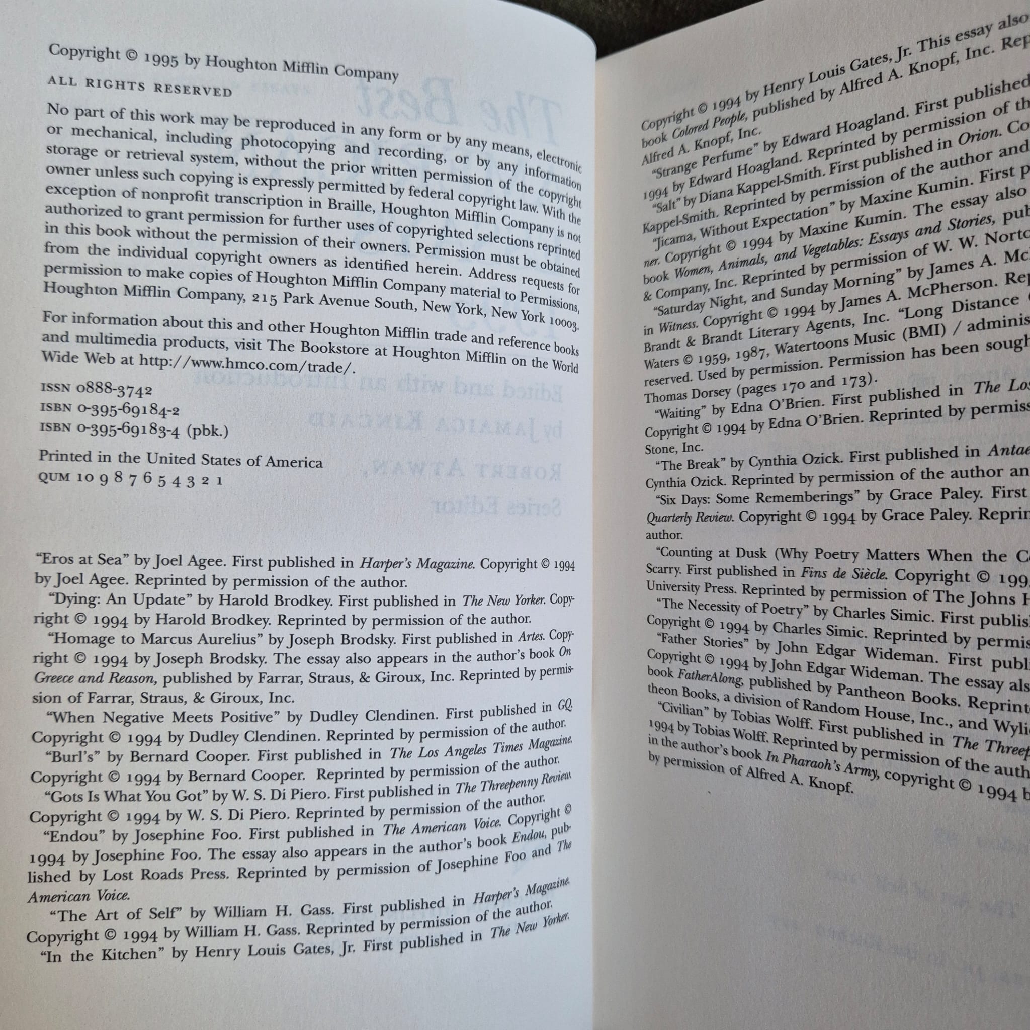 'The Best American Essays 1995' edited by Jamaica Kincaid