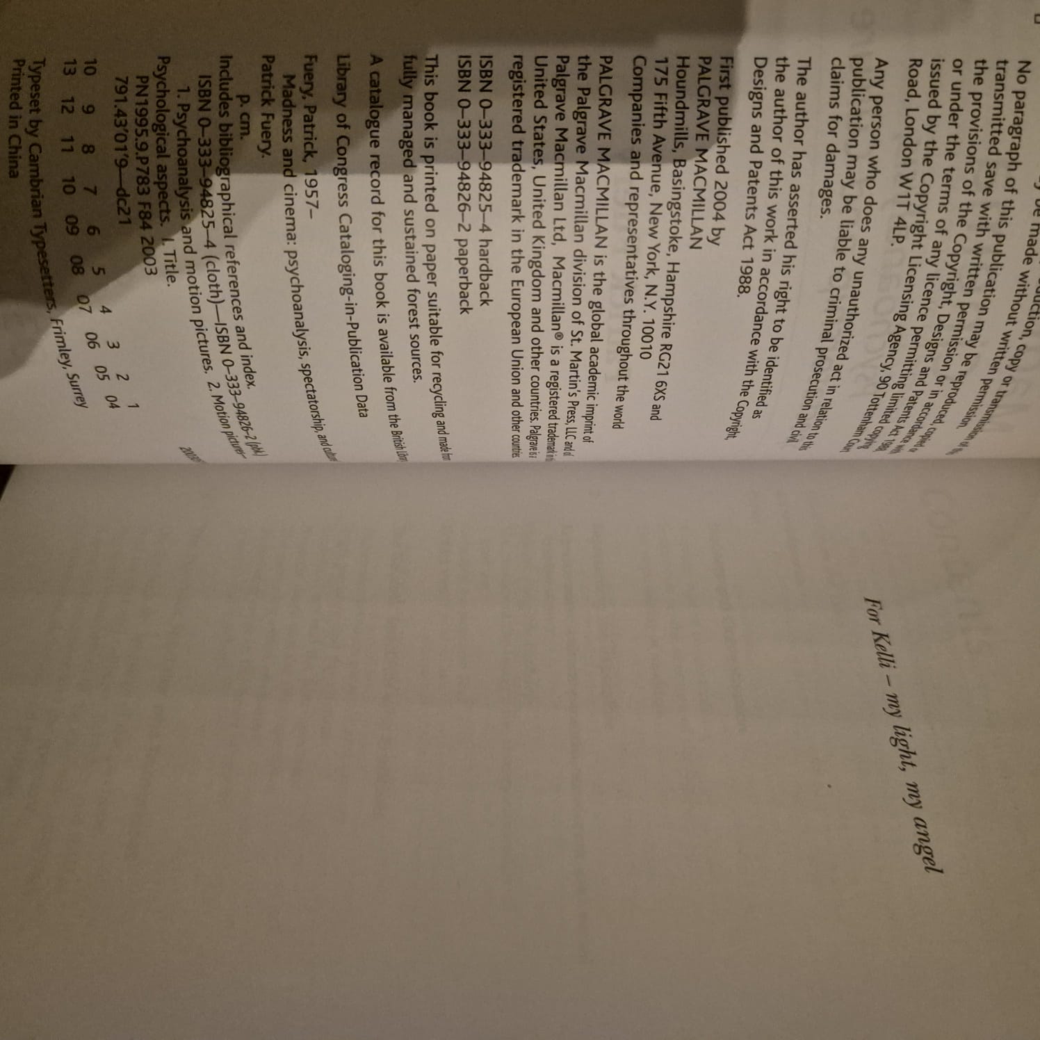'Madness and Cinema: Psychoanalysis, Spectatorship and Culture' by Patrick Fuery