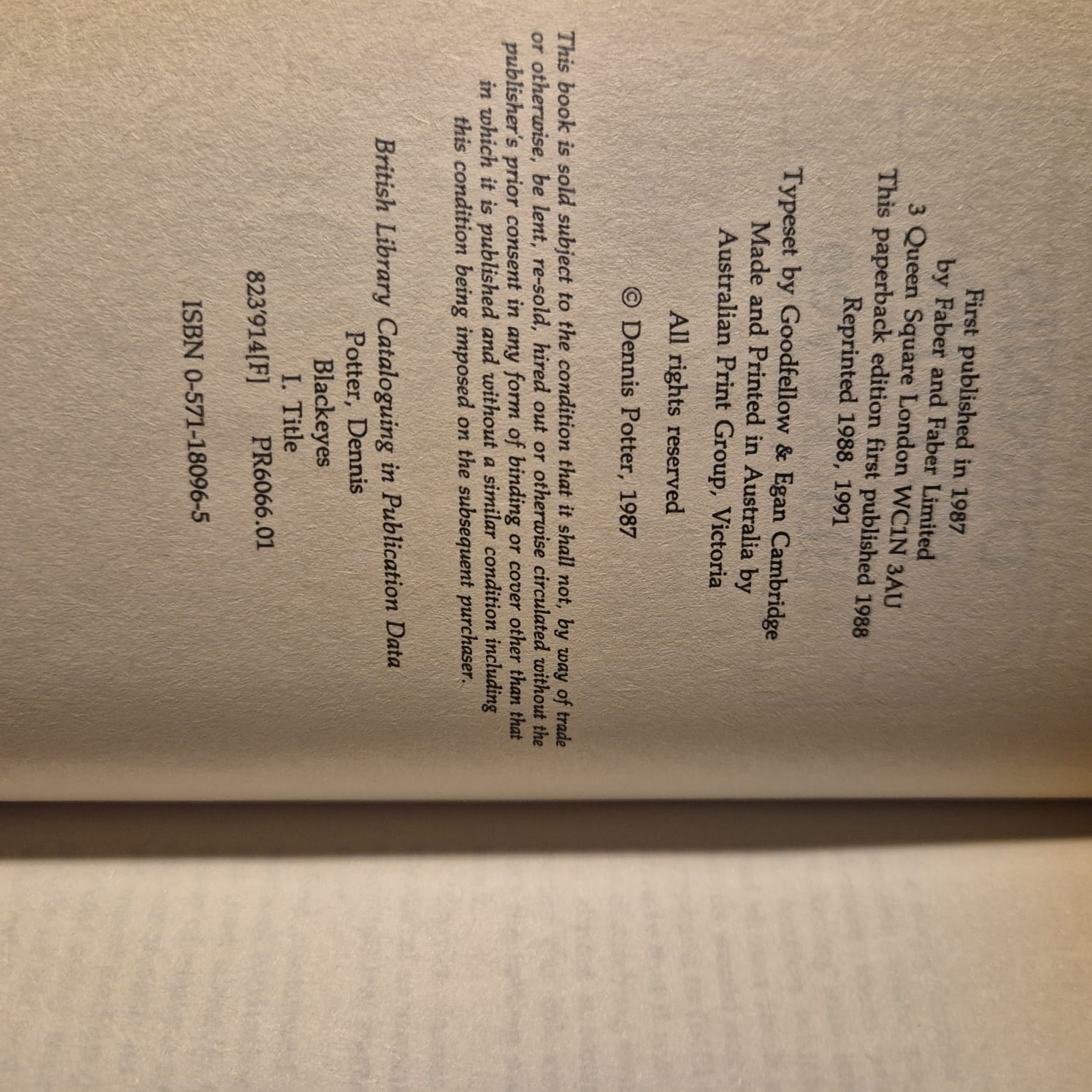 'Blackeyes' by Dennis Potter