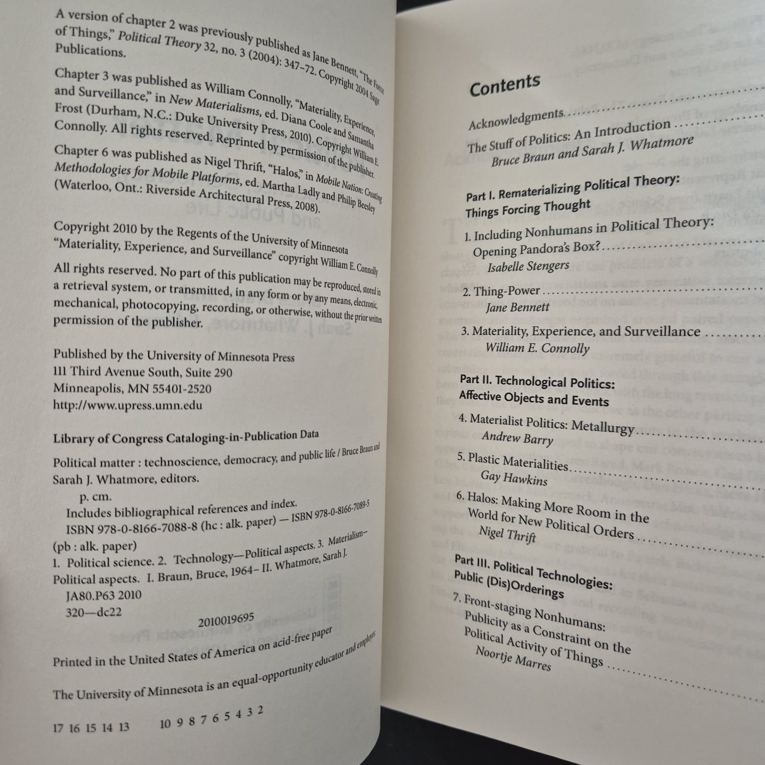 'Political Matter: Technoscience, Democracy, and Public Life' edited by Bruce Braun &amp; Sarah J. Whatmore