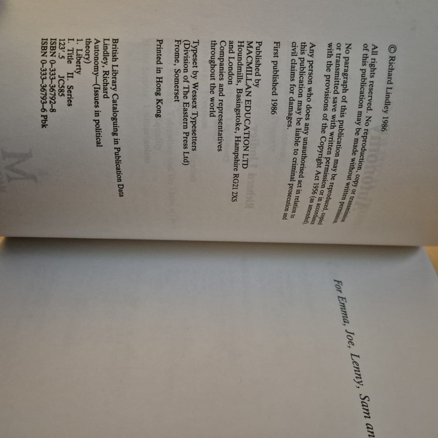 'Autonomy: Issues in Political Theory' by Richard Lindley