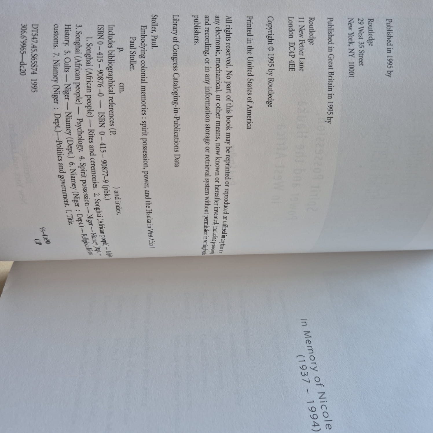 'Embodying Colonial Memories: Spirit Possession, Power, and the Hauka in West Africa' by Paul Stoller