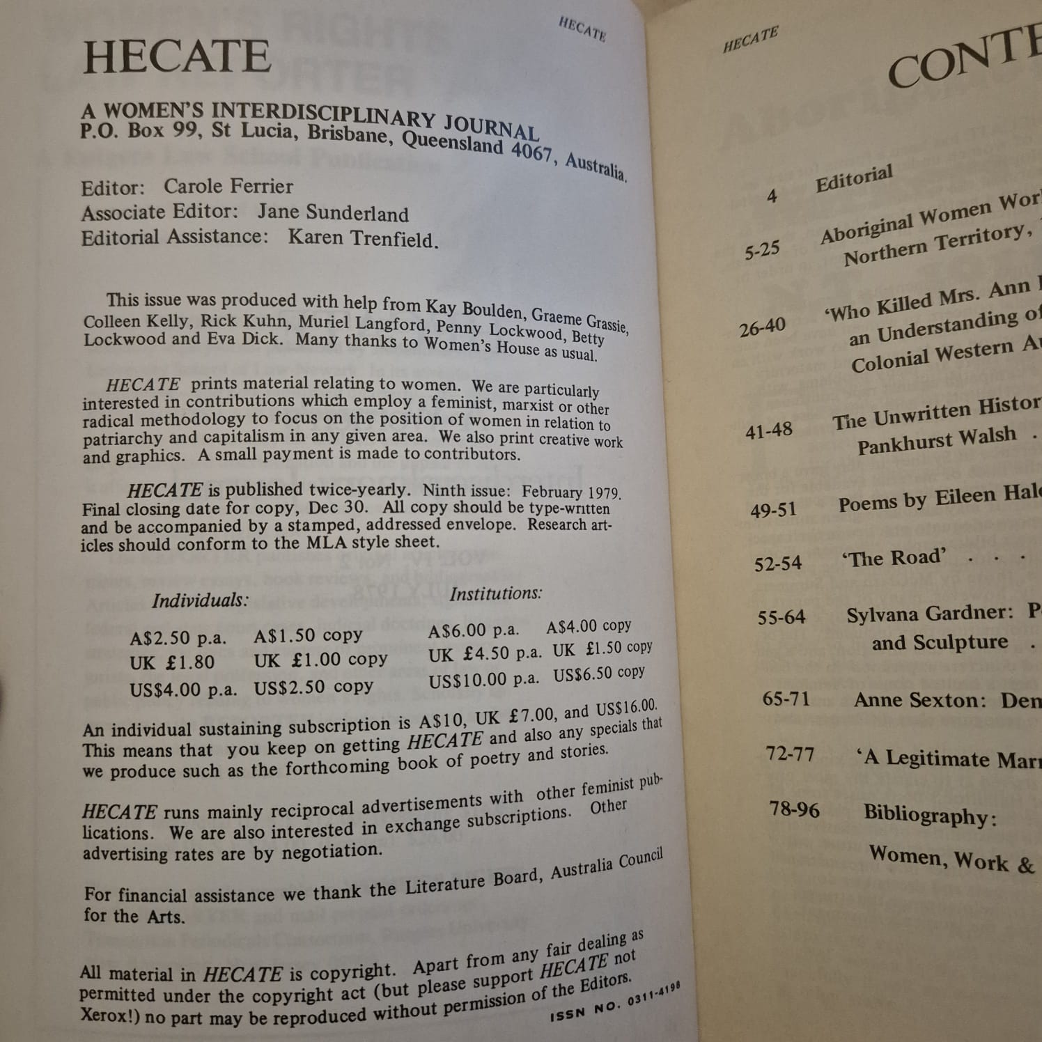 'Hecate: A Women’s Interdisciplinary Journal, Vol. IV, No. 2, July 1978' edited by Carole Ferrier