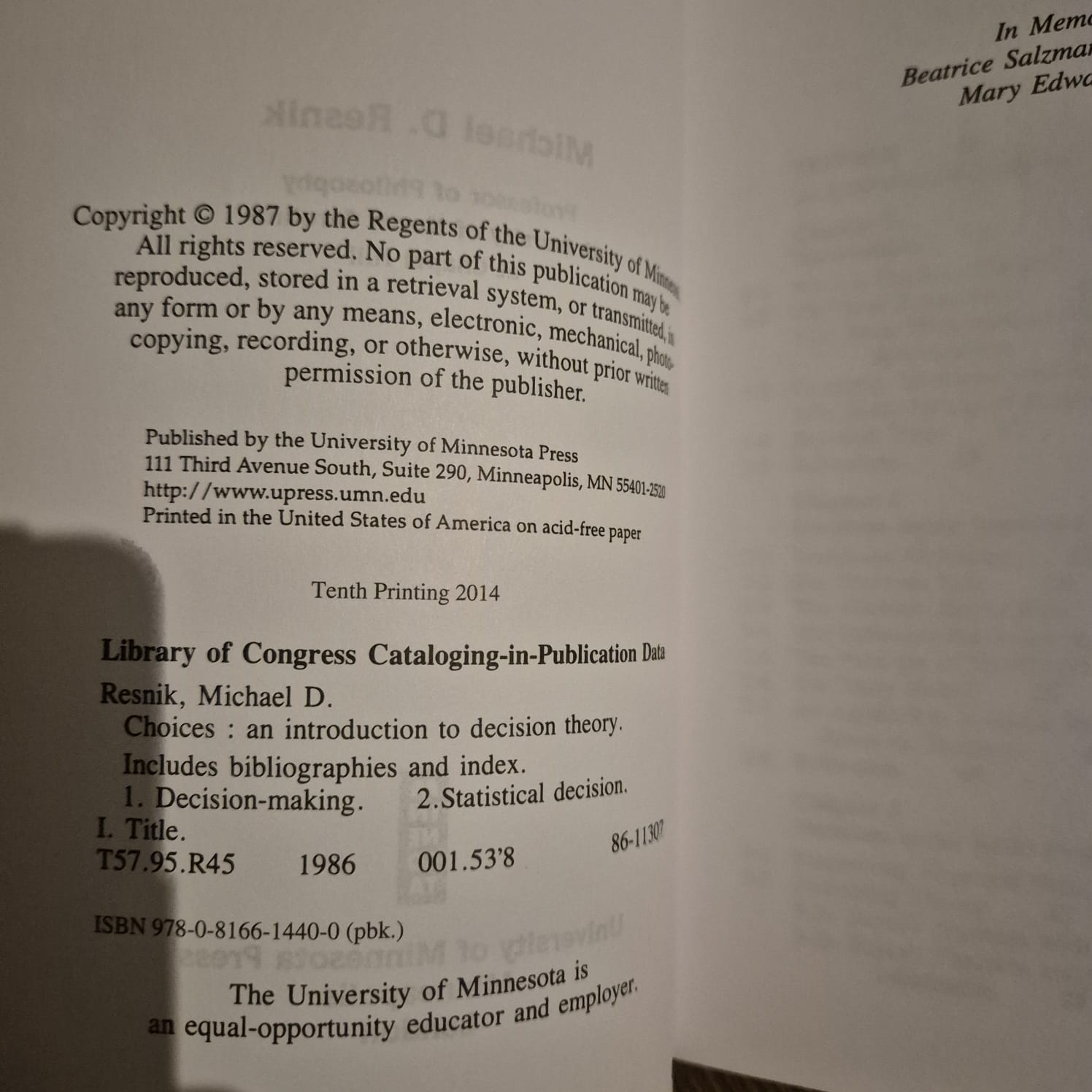 'Choices: An Introduction to Decision Theory' by Michael D. Resnik