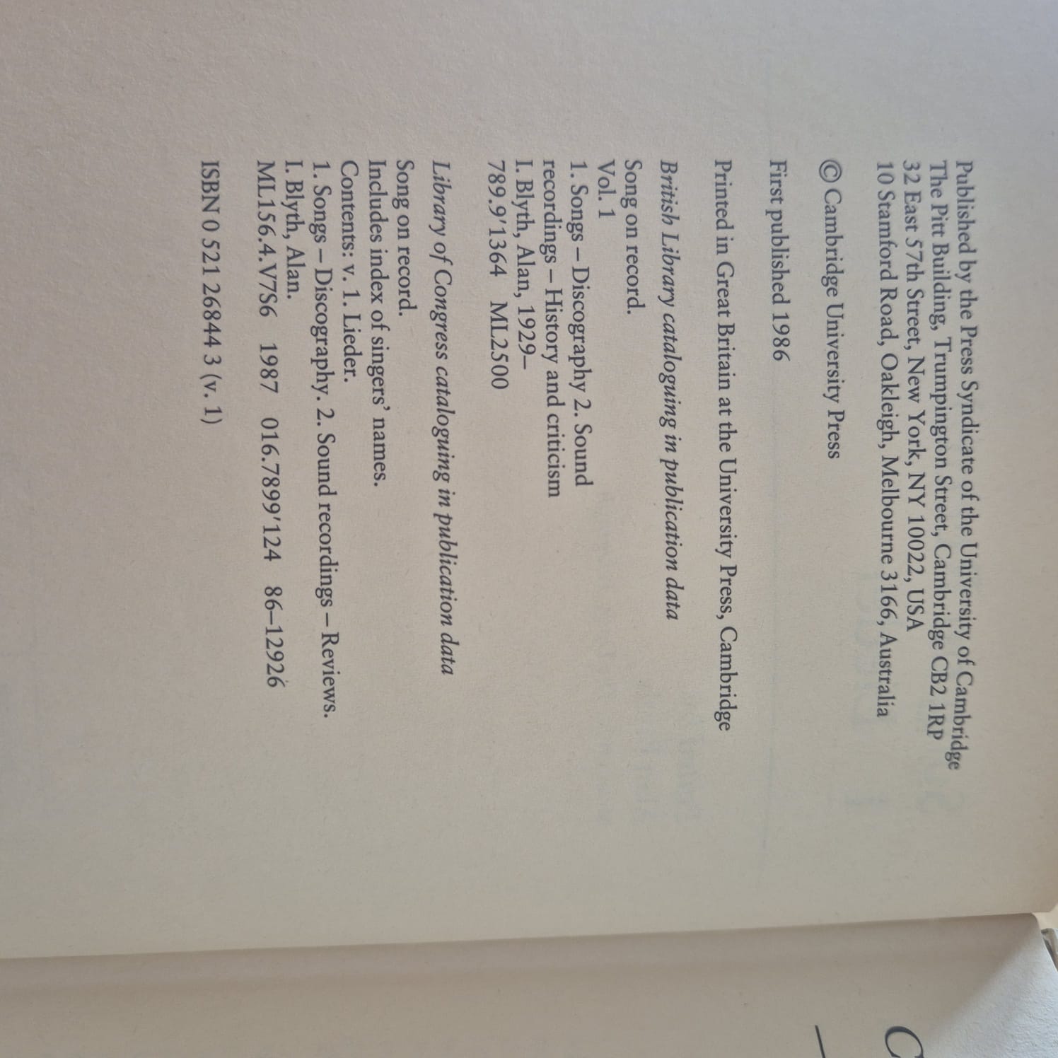 'Song on Record, Volume I: Lieder' edited by Alan Blyth