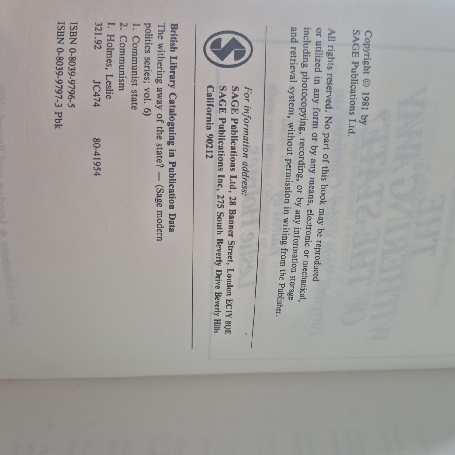'The Withering Away of the State? Party and State under Communism' edited by Leslie Holmes