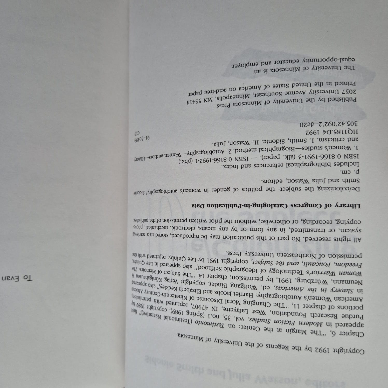 'De/Colonizing the Subject: The Politics of Gender in Women’s Autobiography' by Sidonie Smith & Julia Watson