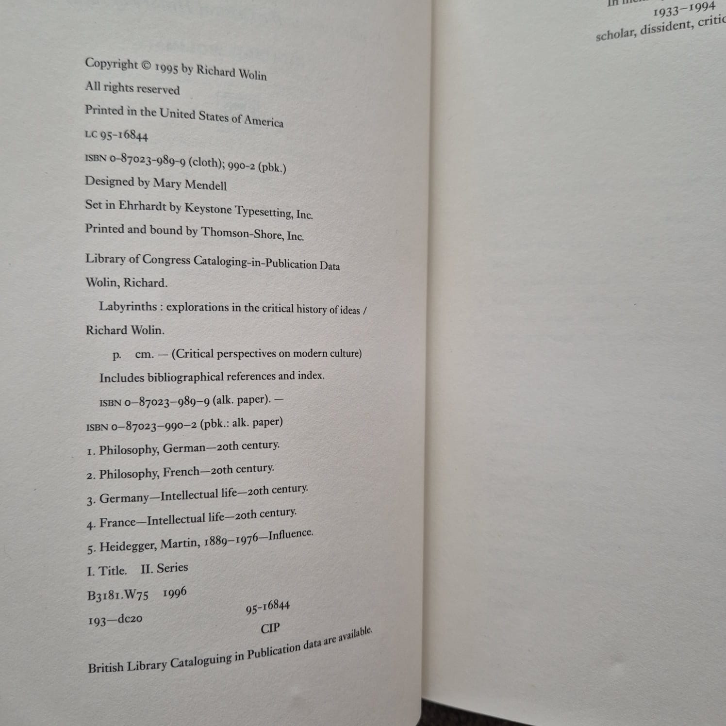 'Labyrinths: Explorations in the Critical History of Ideas' by Richard Wolin