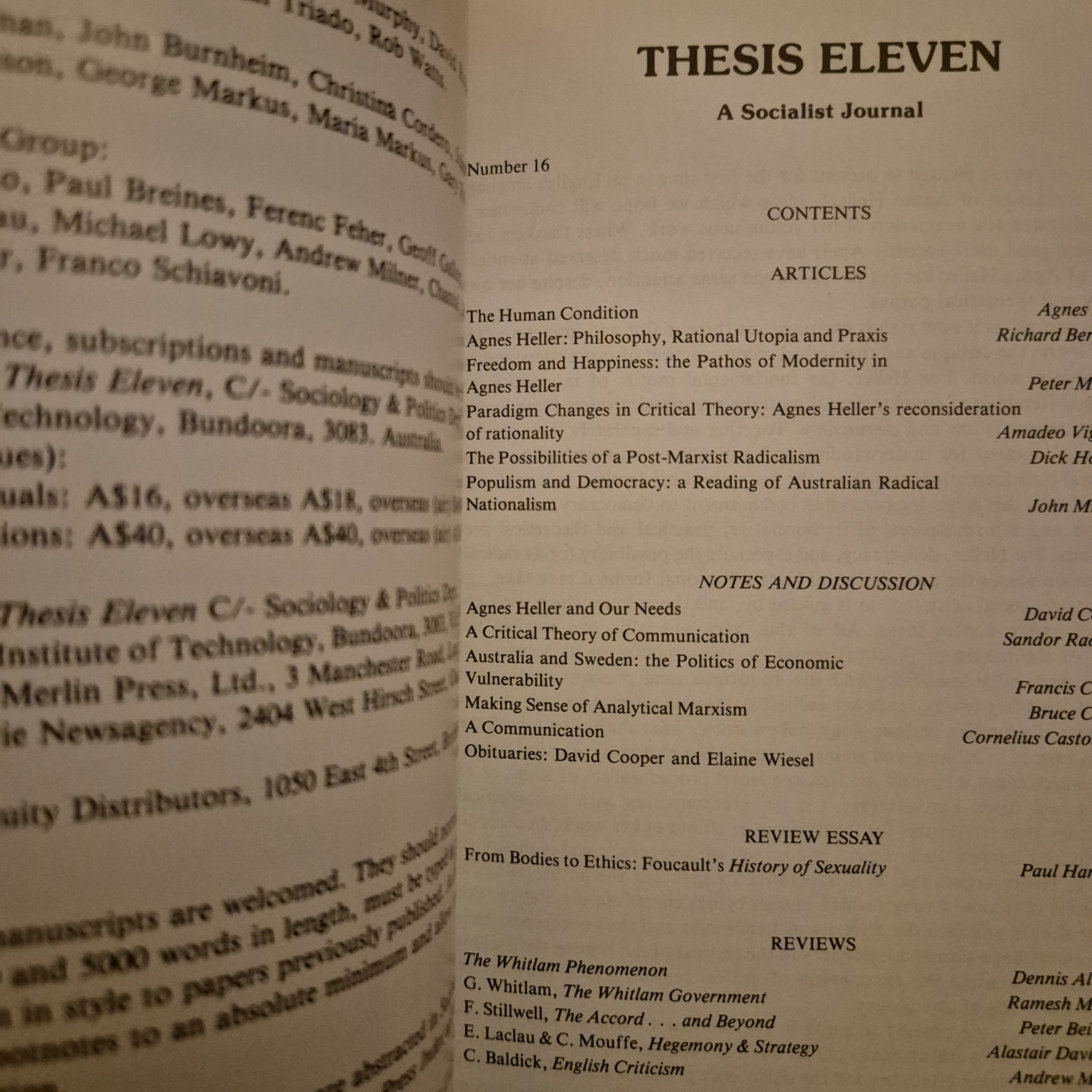 'Thesis Eleven, Number 16: Agnes Heller — Modernity & Democratic Utopia' edited by the Thesis Eleven collective