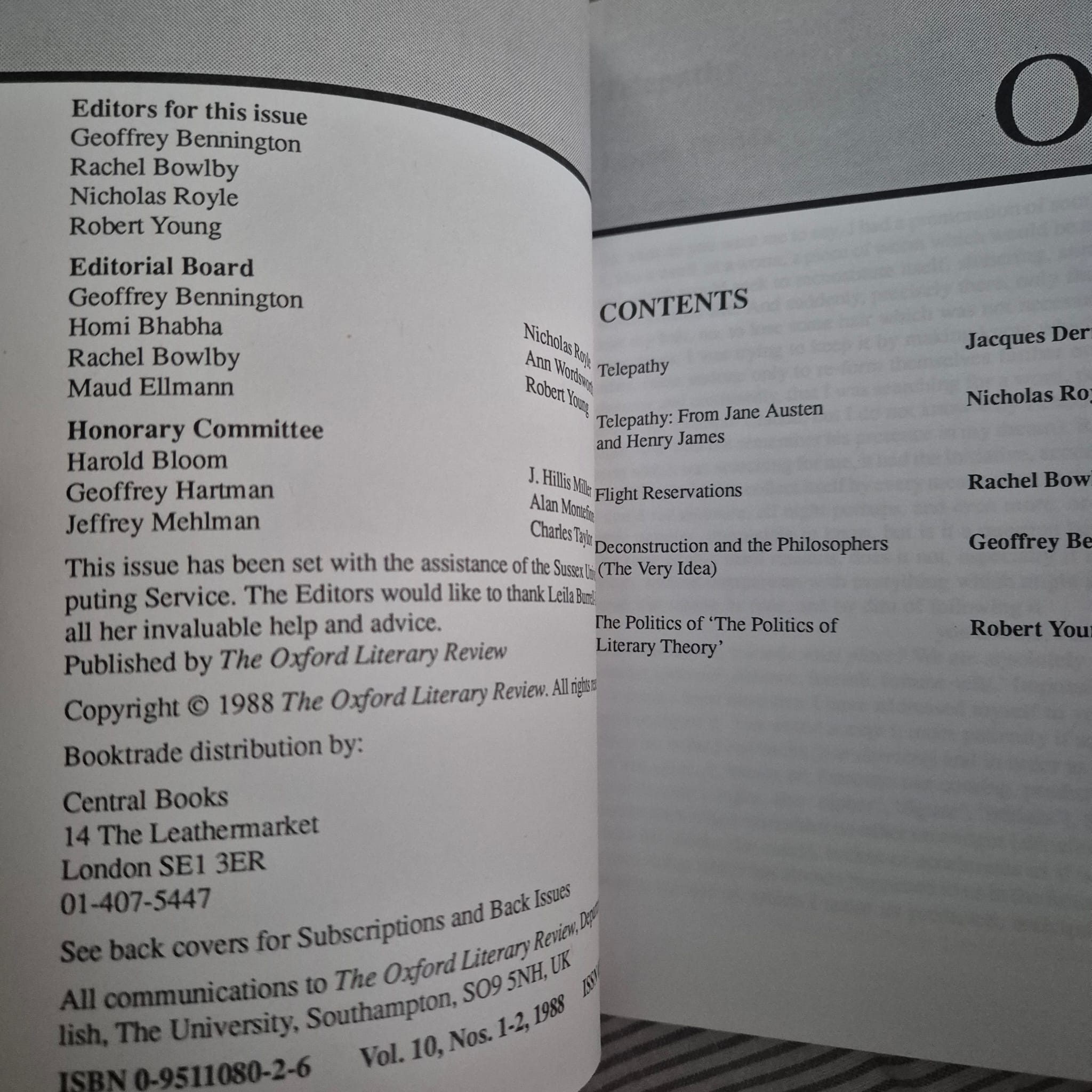 'The Oxford Literary Review: Anniversary Issue, Volume 10, Nos. 1–2' edited by Geoffrey Bennington, Rachel Bowlby, Nicholas Royle and Robert Young